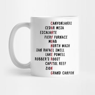 Utah Canyoneering Locations Acrostic (Black) Mug